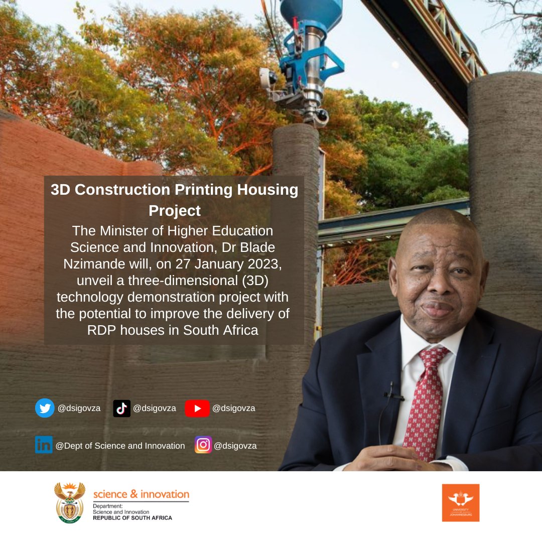 dstigovza's tweet photo. The Media is invited to the launch of the 3D Construction Project @go2uj Doornfontein Campus on the 27th of January 2023 (09:00-13:00). The Minister of Higher Education, Science and Innovation @DrBladeNzimande will deliver the keynote address #3DPrintedHousesZA https://t.co/N7mwl1HoWE