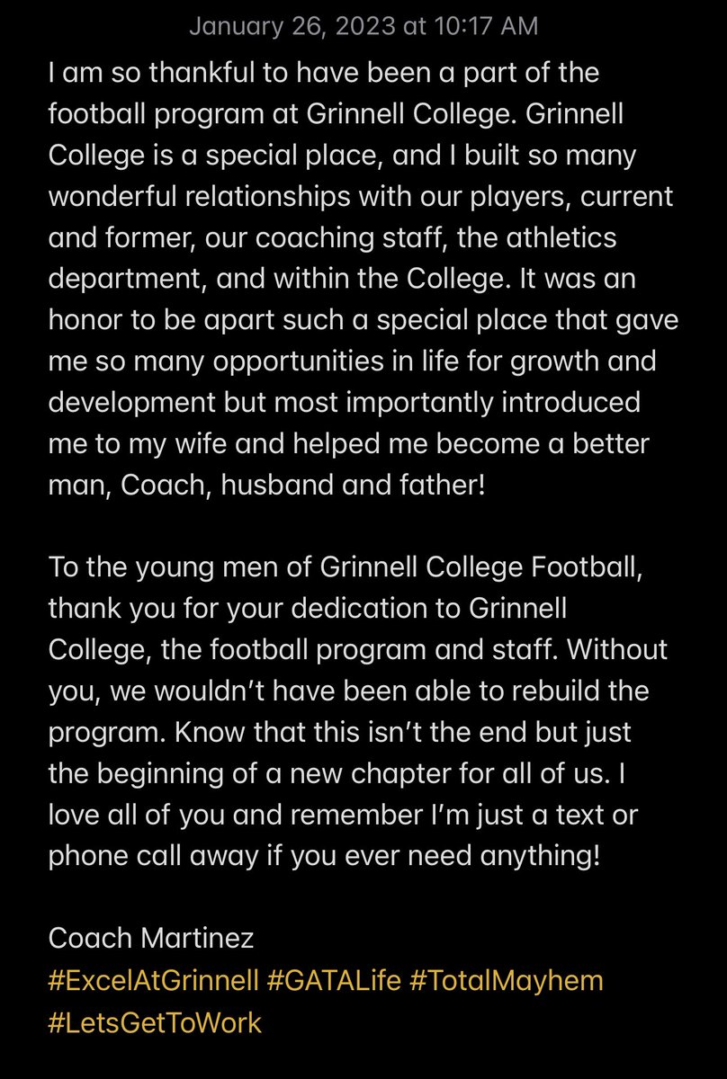 JasonMart3960's tweet photo. Couldn’t say it in 280 Characters or less so here it is! Thank you @Grinnell_FB @GrinnellCollege @gcpioneers all the GC SA’s and everyone in the Athletic department I’ve gotten to work with over the last 12+ Years  #BlessedAndGrateful https://t.co/zXh1dIwsW4