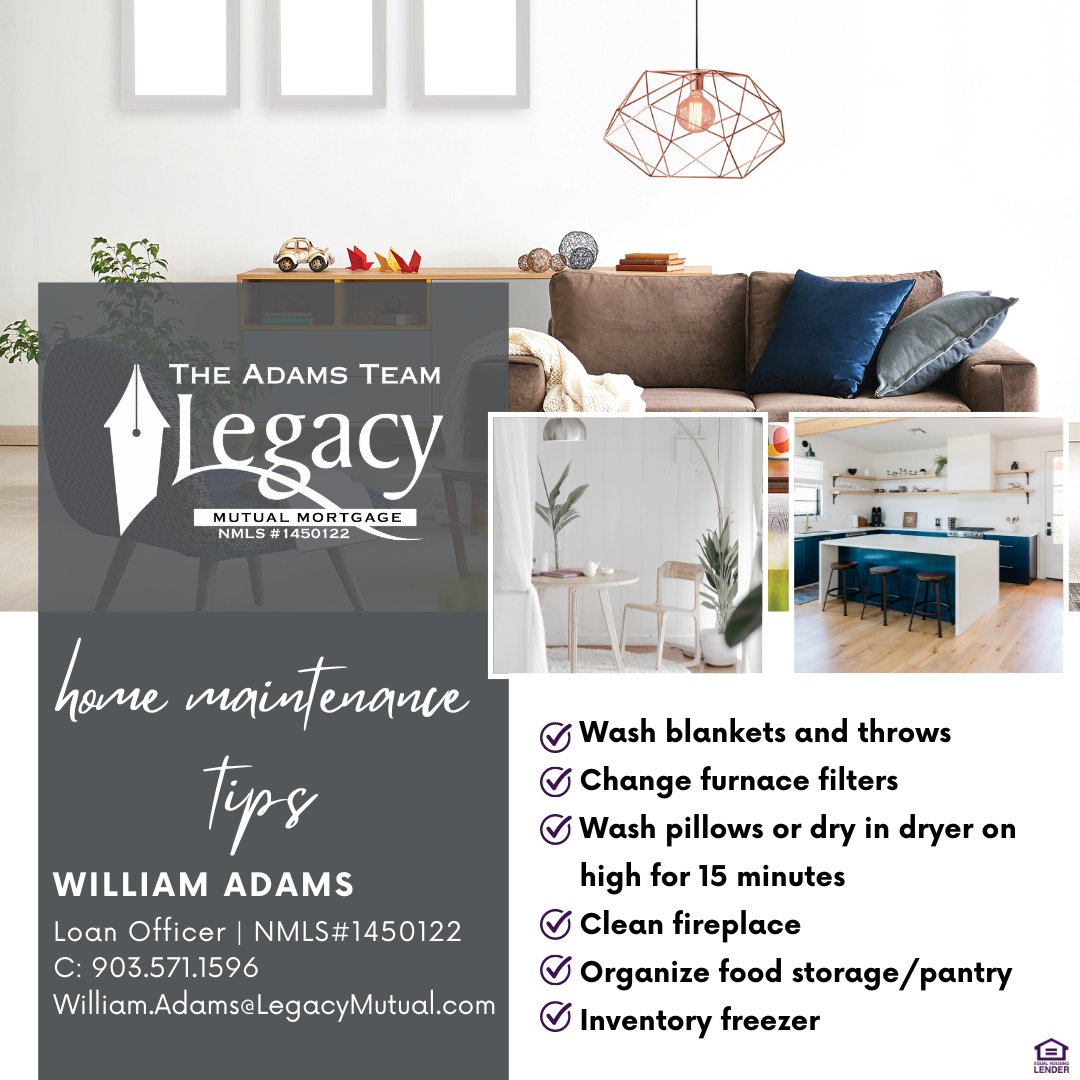 We have some home maintenance tips for you this winter! 

Whether you just purchased, are looking to purchase or maybe even thinking about refinancing, we are the team to help you! #TheAdamsTeam #HomeMaintenance #Homeownership #Home #Winter #WinterCleaning
