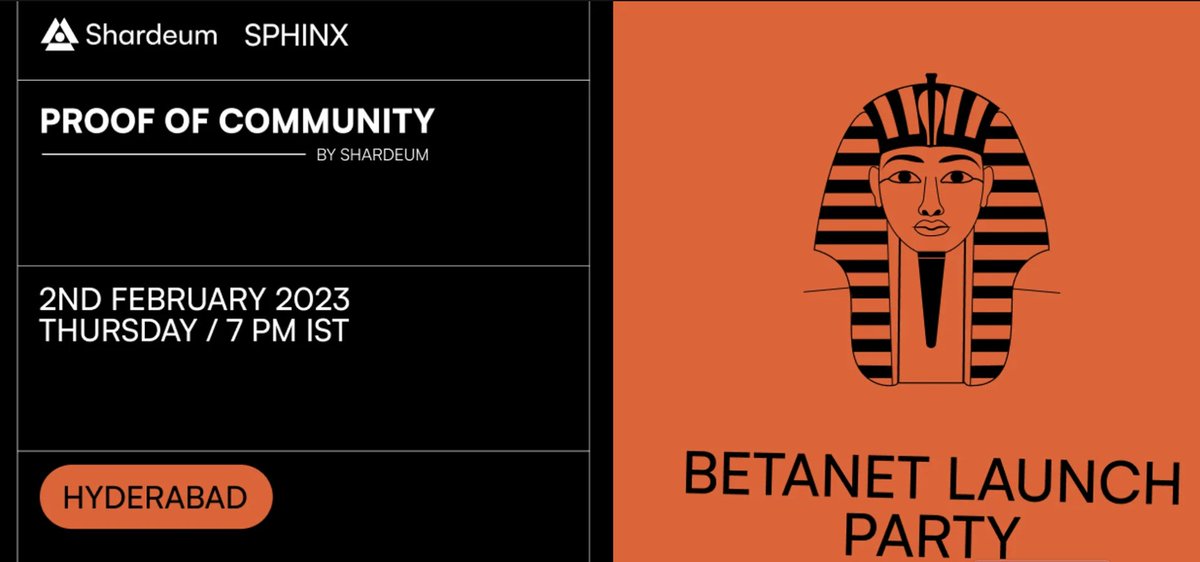 ShardeumHyd's tweet photo. 🎉 Celebrating the release of Sphinx betanet, we are calling out all to witness exclusive IRL demo

🗓️ Date: 2nd Feb 2023 - 7 PM Onwards
📍Venue: Details will be sent to approved members

Register: https://t.co/TJRj6C2WFA

🚨 Note: This is a highly curated event for 20 folks only https://t.co/NQYDtuswmO