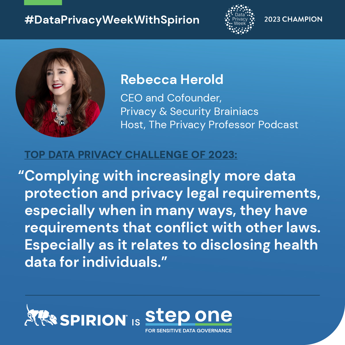 Spirion's tweet photo. Rebecca Herold @PrivacyProf talks about protecting individuals from data misuse, unauthorized sharing, and AI decisions that often lead to inaccurate results.
Catch her LIVE today with other privacy podcasters: https://t.co/mSX2nxLSiv #DataPrivacyWeek #DataPrivacyWeekWithSpirion https://t.co/AtL33TzEIQ
