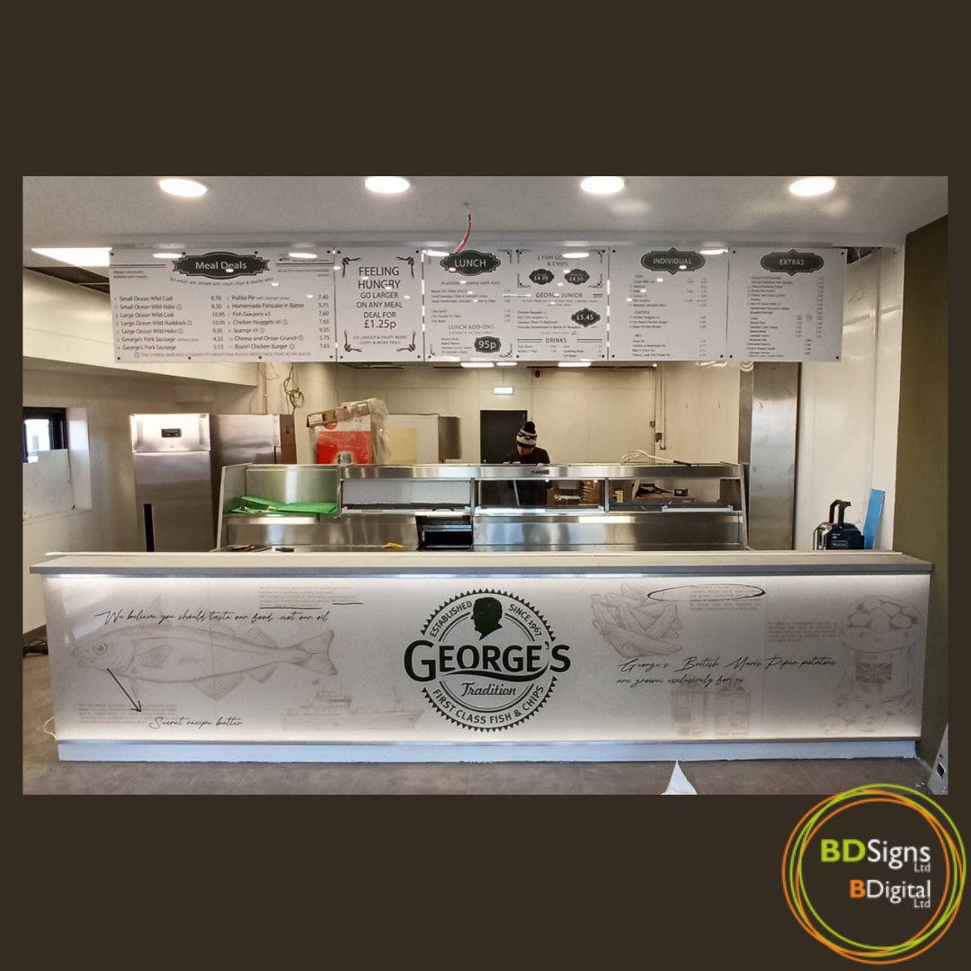 New #counterbranding looking fabulous for George's Tradition coming soon to Lakeside Point in Sutton in Ashfield!

Good luck, looking forward to sharing your opening details soon and thank you for choosing BDSigns.

#fishandchips #fishandchipshops #menudisplays #menuboards