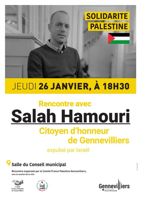 Citoyen d'honneur de la Ville invité à la Mairie de Gennevilliers, édile @patrice_leclerc : #SalahHamouri, lié avec #FDLP entité classée terroriste par l'U.E et condamné à 7 ans de prison pour tentative d'assassinat contre un rabbin d'#Israël.
Après Lyon, suite de la #honte.