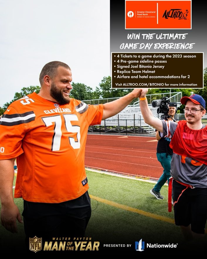 Dawg pound! Don’t miss this opportunity to win the ultimate game day experience! Win tickets, sideline passes, signed gear and more! Donations will support the @CleFoodBank and there fight against hunger in our community! Enter at Alltroo.com/Bitonio
