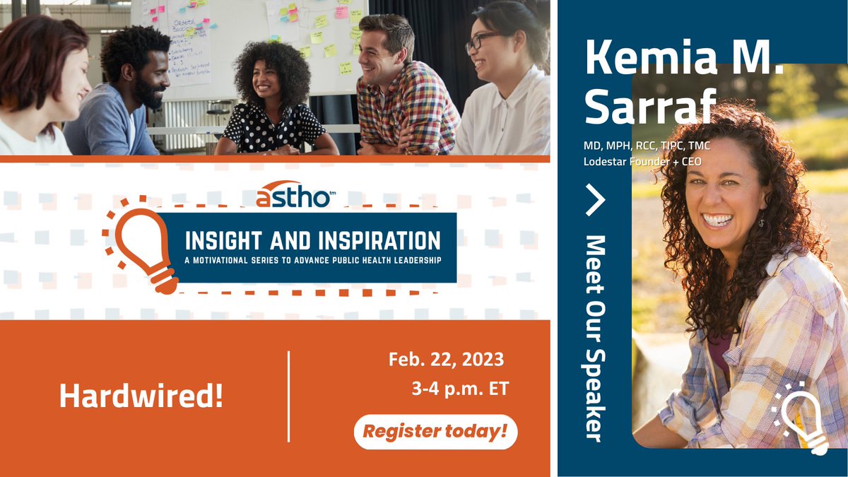 ASTHO's tweet photo. Mark your calendars - #InsightAndInspiration is back! 🎉
Join @DrKemia as she provides insight into immediately actionable, restorative steps for individuals and organizations to heal and grow from #ToxicStress and multiplied workloads.
Register now ➡️ https://t.co/B215krpJrP https://t.co/9WVo4TC4VB