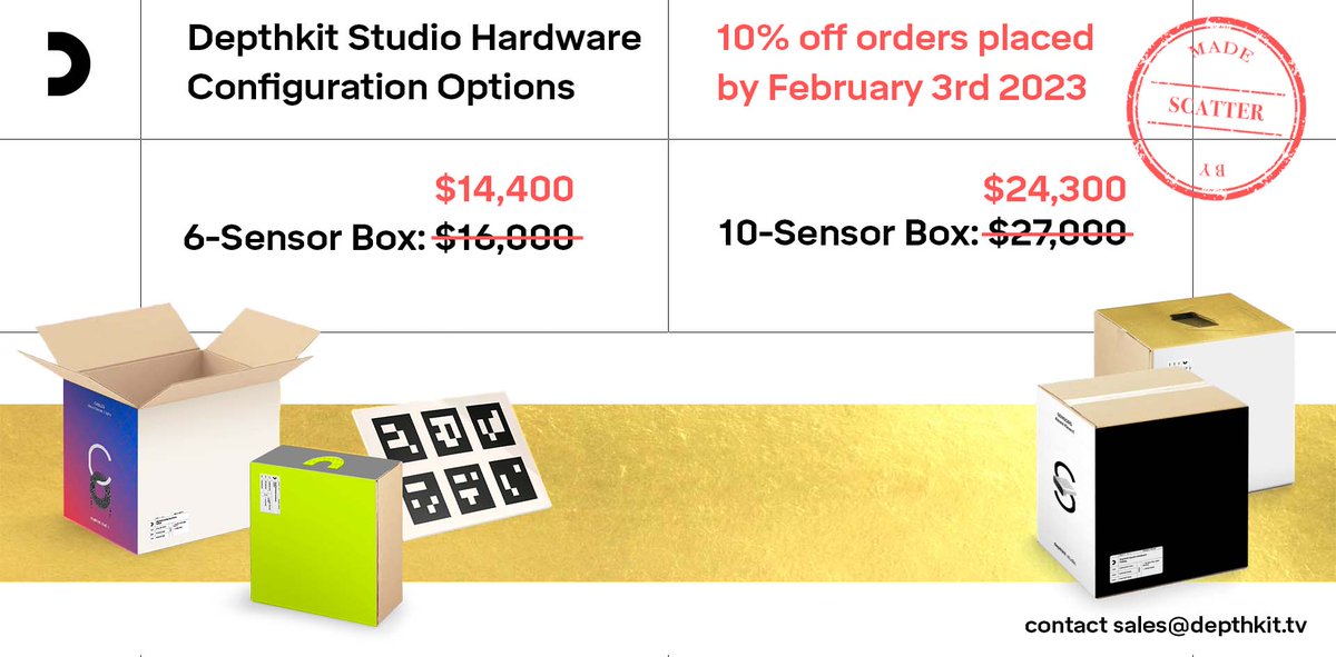 Depthkit's tweet photo. We are running a promotion to celebrate the new #Depthkit Studio hardware upgrades! Receive 10% off all hardware orders placed before Friday February 3rd, 2023. Contact sales@depthkit.tv to place your order today.  Read the deep dive on our blog: https://t.co/hLQlqlC6zH https://t.co/U0sAiyvmEw