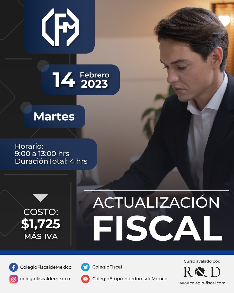 ✨¡Inscríbete Ya!✨

📌 Actualización Fiscal

🌐colegio-fiscal.com/producto/actua…

Paga con tu tarjeta de crédito a través de PayPal 💳

#ACTUALIZACION #Fiscalía #fiscal #fiscales #personamoral #contadores #Administrador #administrativo #abogados #impuestos #ISR #cursos #CupoLimitado