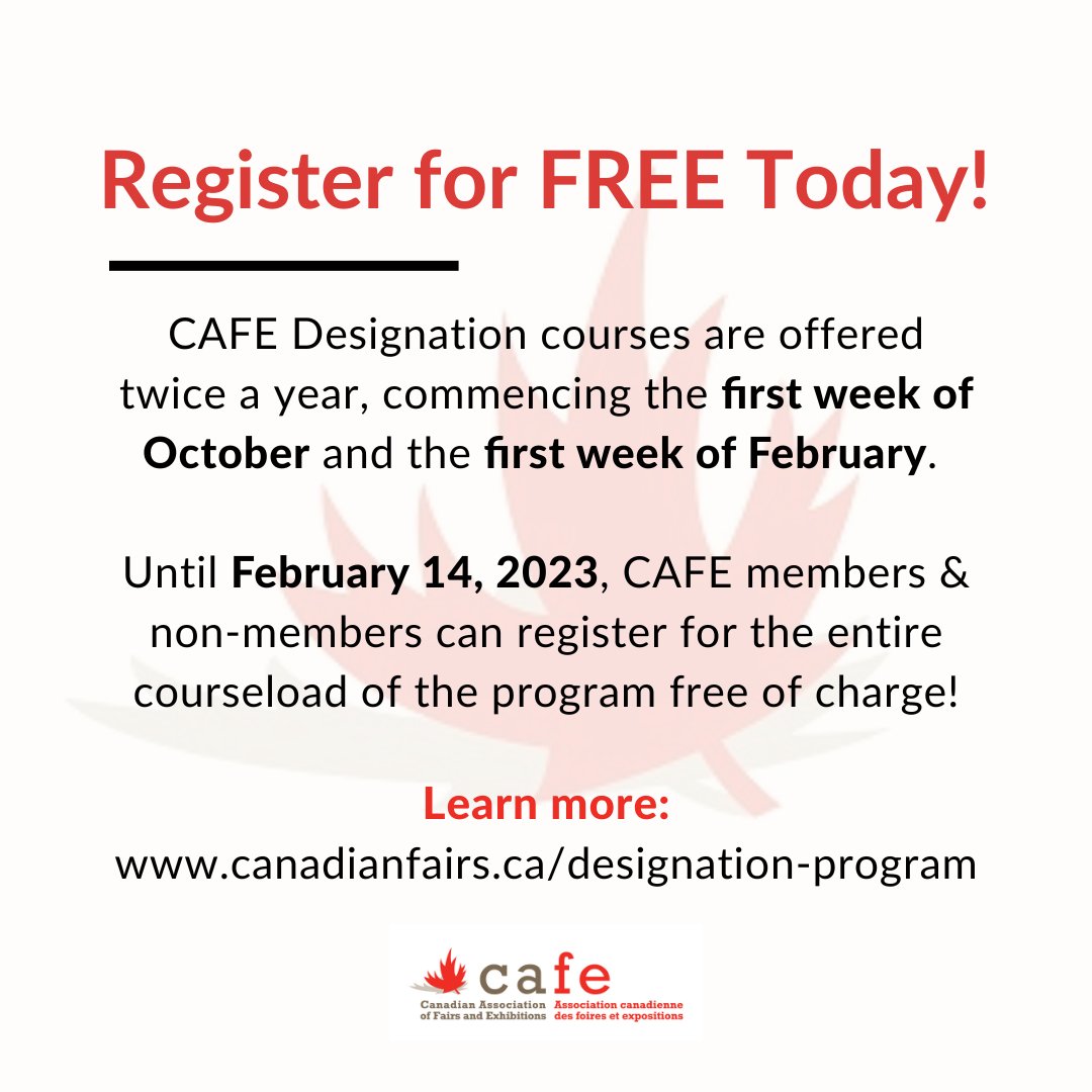 CdnAssocofFairs's tweet photo. The February semester of the CAFE designation program starts next week on February 3rd!
CAFE members & non-members can access the entire course package for FREE if they sign up before the deadline on February 14th!
Learn more and register to join today: https://t.co/jhBsiR5DWi https://t.co/0WpaPrk1pR