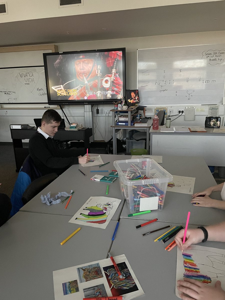 MusicQma's tweet photo. S2 SLC enjoyed a Scottish themed lesson. We designed our own #McCoo, watched the @EdinburghTattoo and enjoyed some Scottish food 😋 @QMAOfficial #BurnsNight #Haggis @irnbru 🏴󠁧󠁢󠁳󠁣󠁴󠁿🧡@stevenbrownART https://t.co/HnLELc8KhE