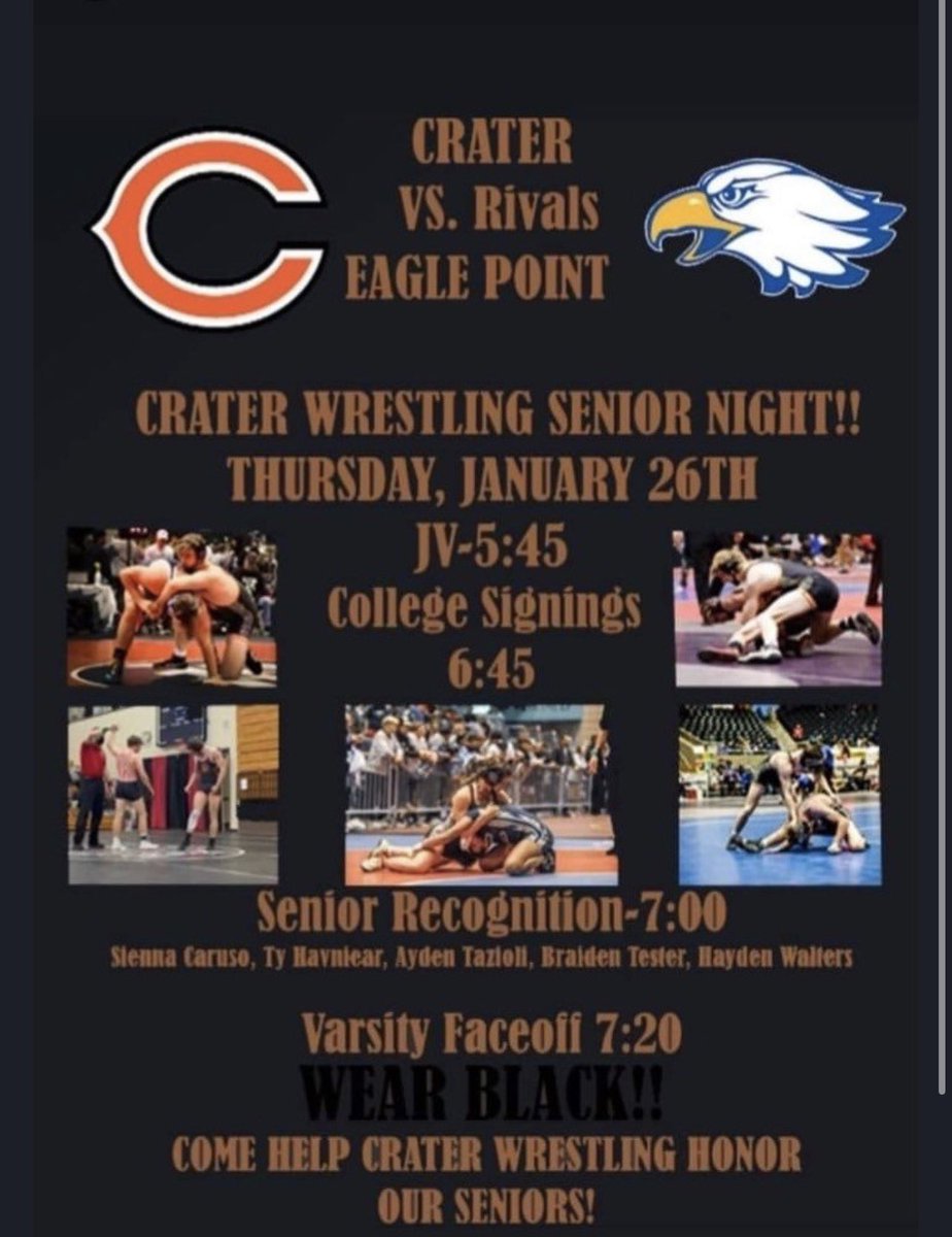 pickledill79's tweet photo. Tonight’s the big night come support, the Crater kids and John!🤼‍♂️ #GOCRATER ￼#SENIORNIGHT https://t.co/j2FhUbfWxb