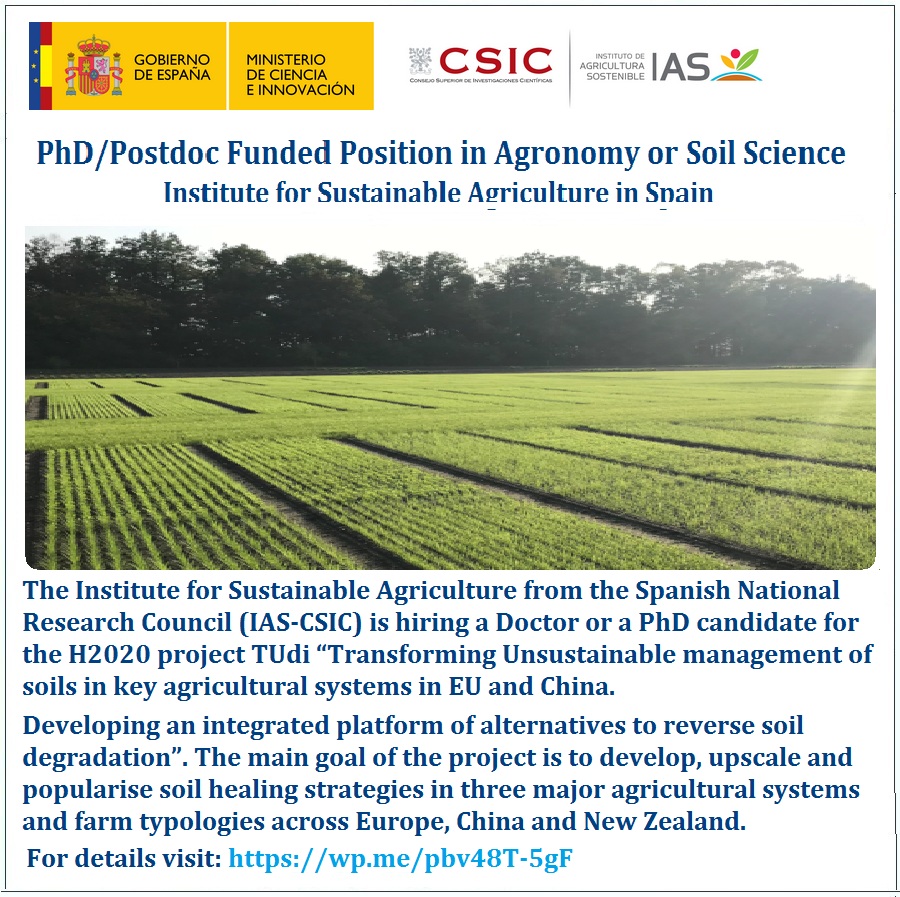 📌 PhD/Postdoc Funded Position in Agronomy or Soil Science🌱 at the Institute for Sustainable Agriculture in Spain 🇪🇸... Please Retweet and spread the word! For details visit the link below👉 wp.me/pbv48T-5gF
