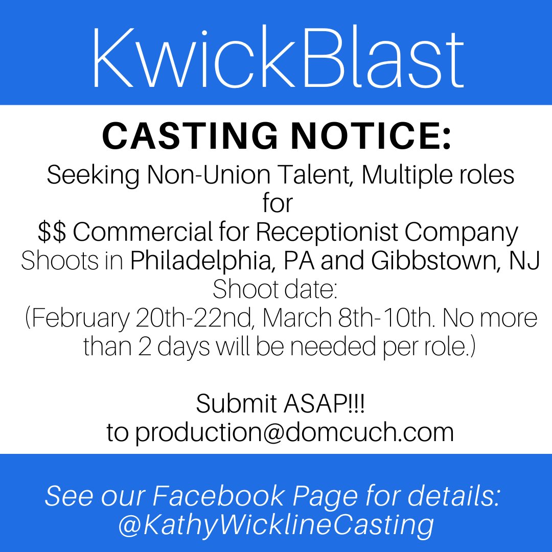 wicklinecasting's tweet image. Casting Notice: Commercial for Receptionist company - Seeking Non-Union Talent, Multiple roles for a Commercial for Receptionist Company Shoots in Philadelphia, PA and Gibbstown, NJ,  Click the link  to submit today!  mailchi.mp/wicklinecastin… #acting #actor #castingnotice