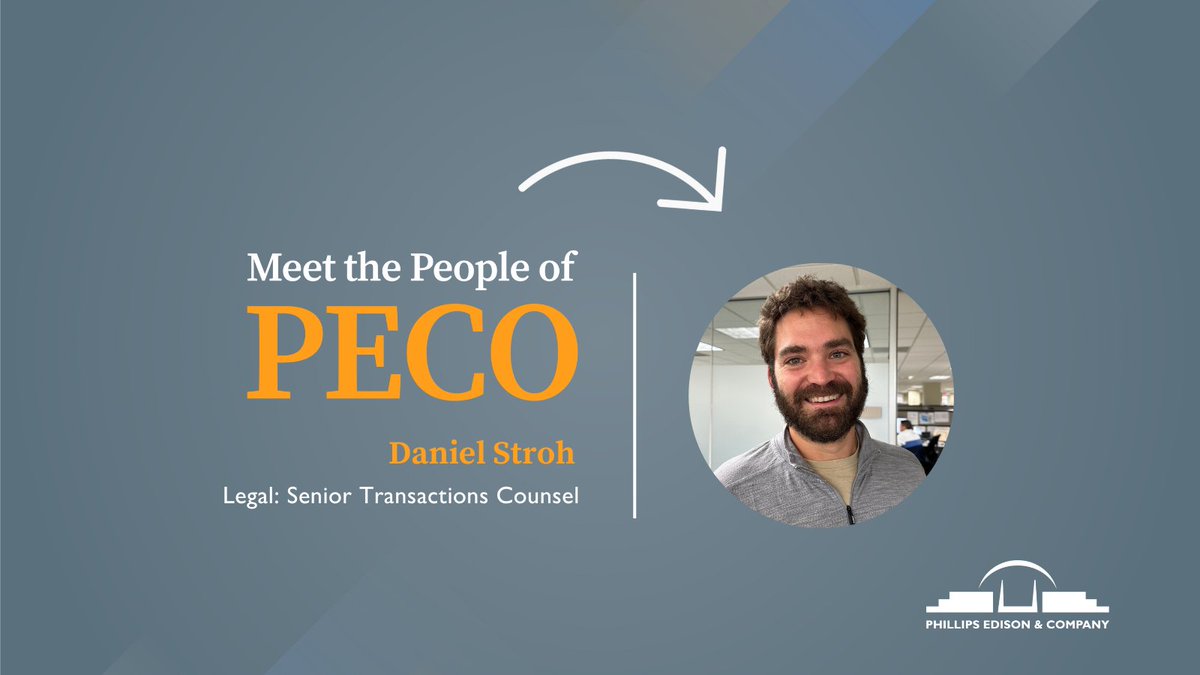 PhillipsEdison's tweet photo. Say hello to Daniel Stroh, our Senior Transaction Counsel. Learn more about Daniel, his favorite grocery store and more, below 👇

#newassociate #newemployee #peco #phillipsedison #brickandmortar #cre #commerciallease #commercialrealestate https://t.co/r1qrGTCwCn