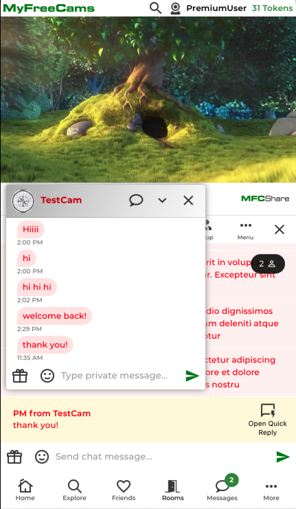 AppMyFreeCams's tweet photo. Open a floating Private Message window to quickly reply to PMs when using https://t.co/oMlSWZ3Dqy on a mobile device. To enable In-Chat PMs, go to More > My Account > Message Settings and change the 'Display private messages in chat room' setting to 'Only from the model'. https://t.co/LqbT2GcAiB