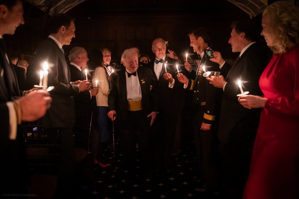 VictorVescovo's tweet photo. Very fortunate to attend a special tribute at the NY Explorer's Club to honor Captain Don Walsh, who with Jacques Piccard, were the first people to dive Challenger Deep. Later, Don, RADM T. Gallaudet (frmr NOAA) and I posed with a US Navy Flag I took down on my first trip there. https://t.co/UJClvbDc45