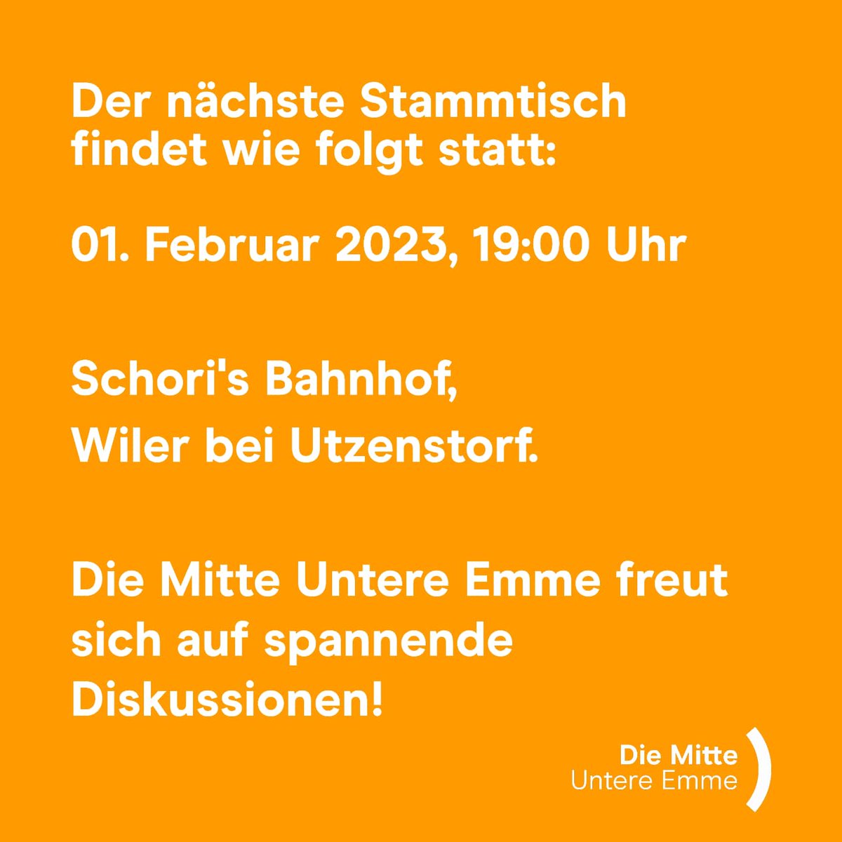 Unser #Stammtisch geht in die nächste Runde! Wir freuen uns auf einen gemütlichen Austausch am kommenden Mittwoch im Schori's Bahnhof in #WilerBeiUtzenstorf. #DieMitte #UntereEmme