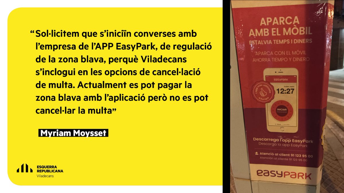 ERCViladecans's tweet photo. A continuació @myriammoysset fa 3 preguntes. La primera sobre l’APP Easy park i l’opció de cancel·lació de #multes #Viladecans https://t.co/PyVZ71Udjh