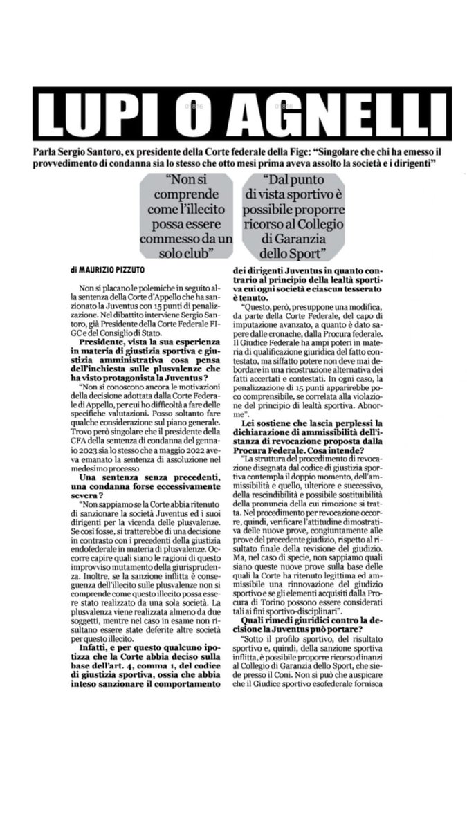 Aspettando le motivazioni (pluricit), anche il complottista/sovversivo Sergio Santoro, già Consigliere di Stato e presidente Corte Federale FIGC, intravede profili singolari e abnormi nella decisione che ammalia molti nostri media.

Intervista completa
⬇️
lidentita.it/lupi-o-agnelli…