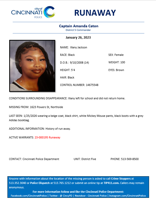 CincyPD's tweet photo. Cincinnati Police Department District 5 needs assistance locating the listed runaway subject. Please see attached information. @CincyPD https://t.co/DdrNQOlzfz