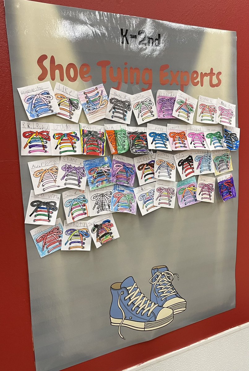 KAThompson05's tweet photo. We introduced shoe tying skills in #motorlab beginning of December w/ our K-2 Ss. We have more than 40 students able to tie shoes and many more continuing to find success! I have a stack of certificates to send out soon ❤️@twomileprairie #CPSBest #finemotorskills https://t.co/rLgRkHhsWX