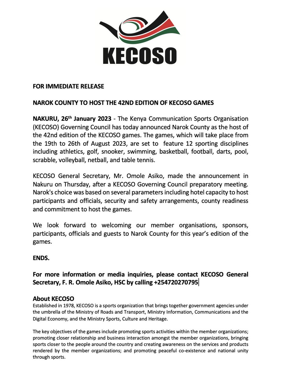 KECOSOGames's tweet photo. @KECOSOGames Governing Council has today announced Narok County as the host of the 42nd edition of the #KECOSOgames. The games, which will take place from the 19th-26th of Aug, will  feature 12 sporting disciplines including athletics,golf,snooker,swimming,basketball &amp; football. https://t.co/J36lVwdq5b