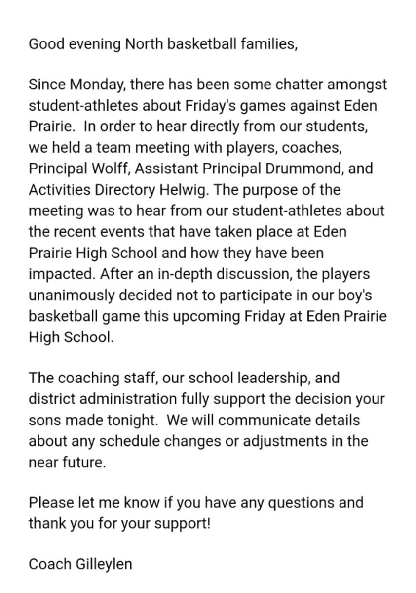 Just to be clear - this is the reason why North St Paul is not playing EP Friday Night! Boycotting ‼️
#studentvoice #studentathletes 
FYI - EPs sugar coated message to players and families in comments!@EPLocalNews @CityofEP @NorthStPaulMN @StribSports @EdenPrairieNews @EPS272