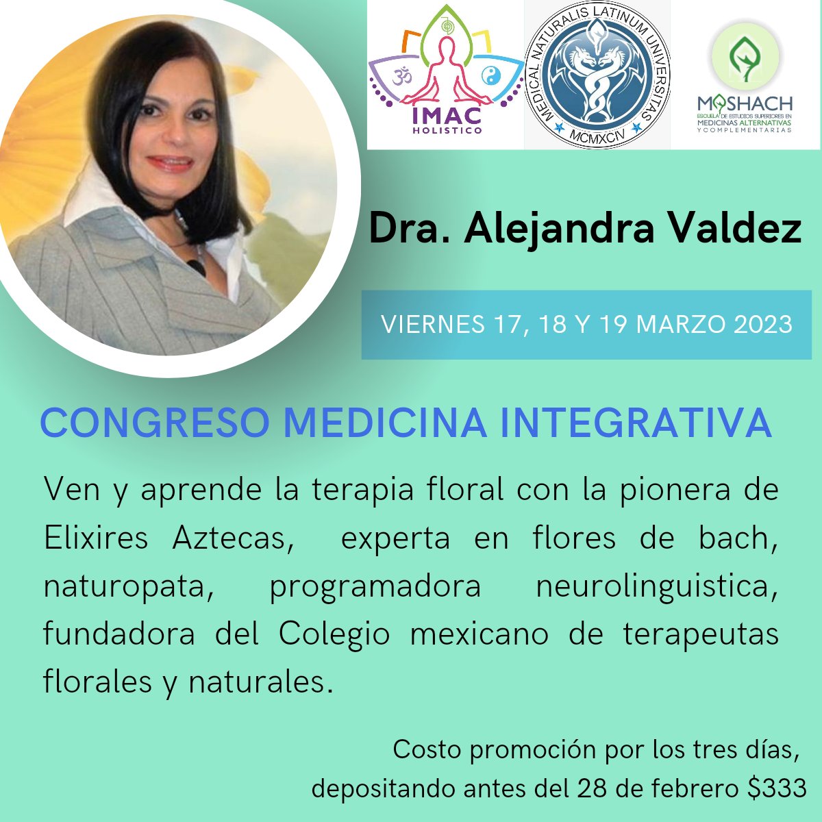 IMACholistic's tweet photo. Te compartimos a la siguiente ponente, para el congreso de Medicina Integrativa, por una Salud Holistica, este próximo 17,18 y 19 de marzo. 

No te pierdas el más mínimo detalle de lo que te compartirá en terapia floral la experta y pionera de Elixires Aztecas https://t.co/eMwxgzp1Uo