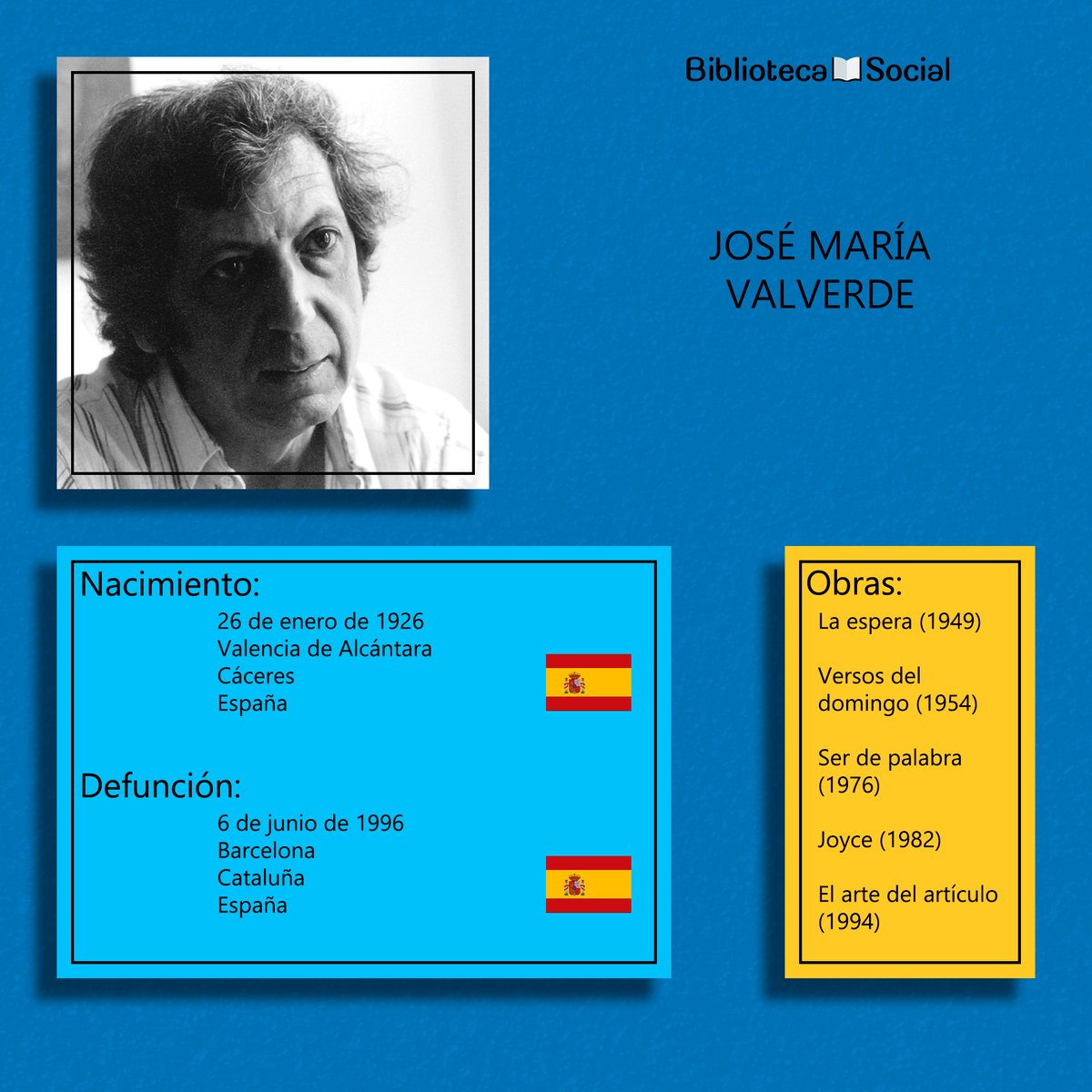 #Efemérides
José María Valverde se inició a temprana edad en la literatura, con diecinueve años publica su poemario Hombre de Dios. En 1952 publicó su primer libro de crítica literaria: Estudios sobre la palabra poética.
#JoséMaríaValverde
#BibliotecaSocial #BS