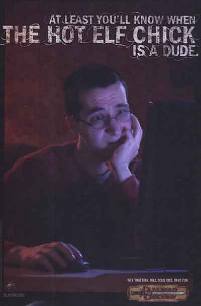 DnD_Shorts's tweet photo. The worst @Wizards attack ad is definitely the one that aimed to prey on adolescent homophobia to turn them off online games.

"Gee, sure would be mighty GAY of you if that hot elf chick was controlled by a dude, huh? Maybe you should just play D&amp;D, where nothing GAY can happen." https://t.co/Gn5yKMlLHl