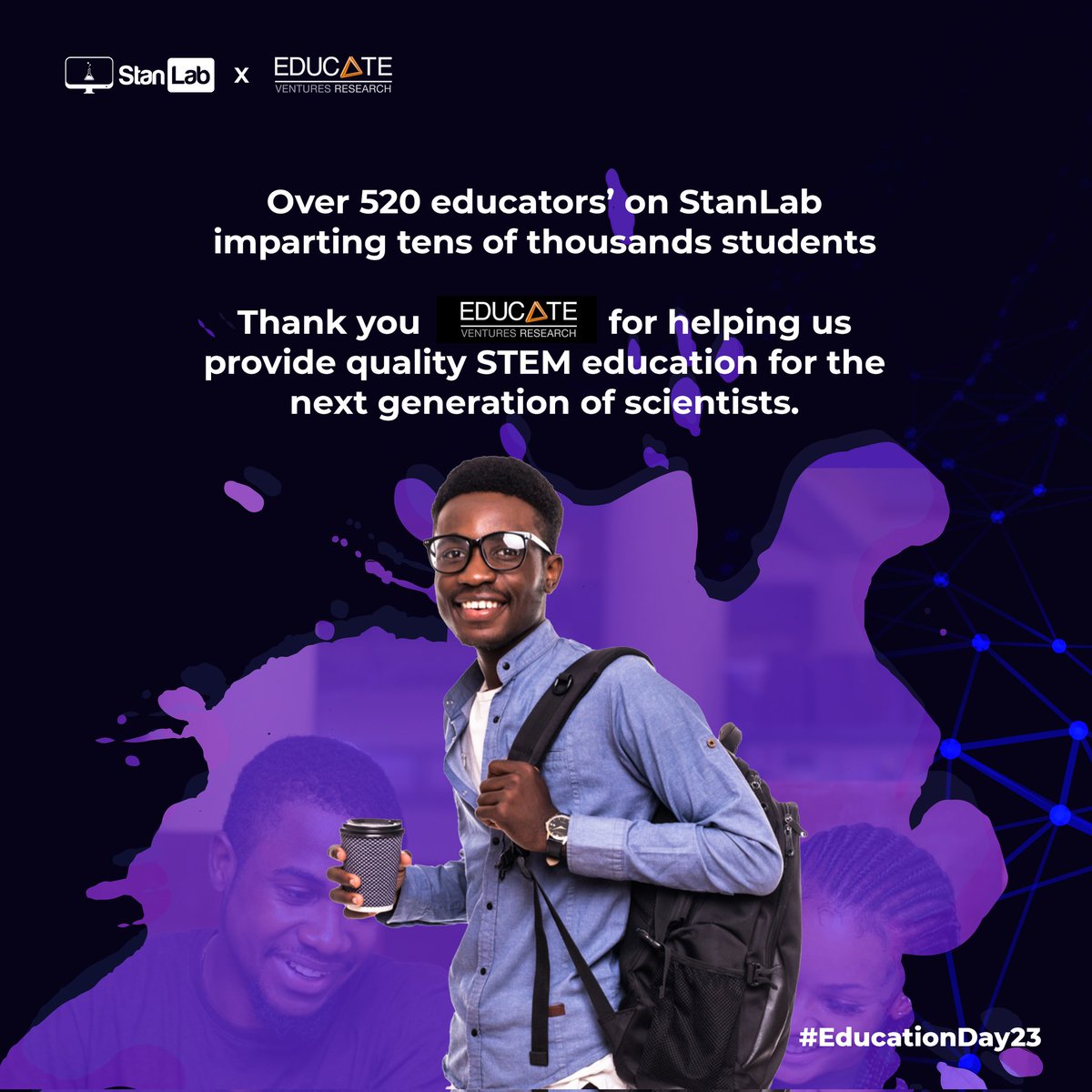 StanLabHQ's tweet photo. Thank you Educate Ventures for helping us make true impactπββοΈ
With your support, we have reached over 500 Educators who are imparting tens of thousands of students.π
Happy #InternationalEducationDay π€
#Stanlab #virtuallaboratory #EducateVentures #EducationForAll #Educationday https://t.co/AJMNabElgy