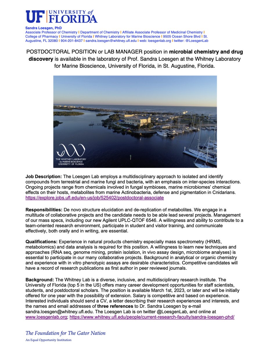 We are looking for a chemistry postdoc to join our team! Candidates should have a strong background in mass spec and de novo structure elucidation. Desired is an interest in learning new techniques and leading multiple, collaborative projects! Ps RT. explore.jobs.ufl.edu/en-us/job/5254…
