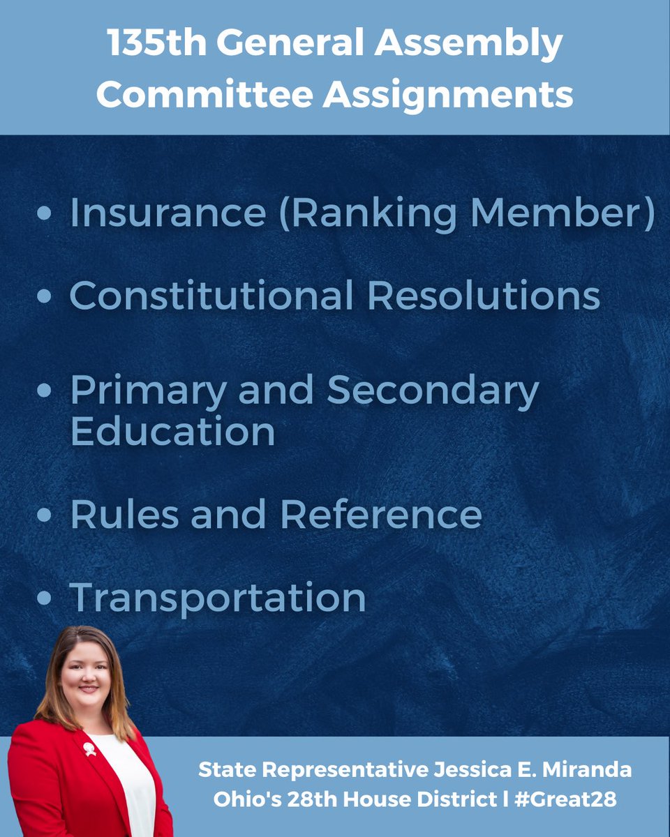 JessicaEMiranda's tweet photo. Getting to work for the people of the #Great28 is both an honor and a privilege!
Here are my committee assignments for the 135th General Assembly (2023-2024)
Donโt forget - committee meetings are live-streamed and archived at https://t.co/uEpLHlVXpF #IWorkForYou https://t.co/m2ewL0GnTu