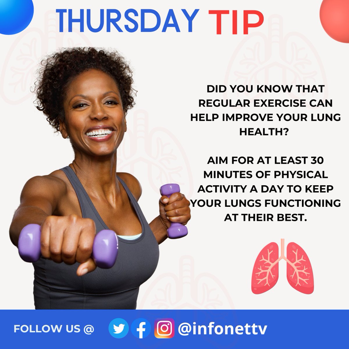 Did you know that regular exercise can help improve your lung health? 

Aim for at least 30 minutes of physical activity a day to keep your lungs functioning at their best. #Health #HealthyLiving #healthylifestyle #Thursdaytip