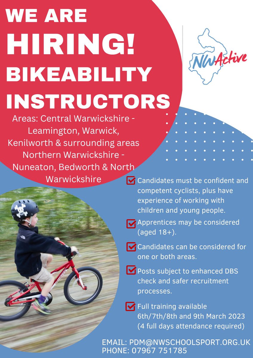 _NWActive's tweet image. Interesting in cycling and want to pass on your passion to the next generation? 

We are hiring Bikeability Instructors‼️ 

🚴 flexible hours
🚴 competitive rate of pay
🚴 full training provided 

Get in touch for details on how YOU can help inspire a legacy of physical activity!