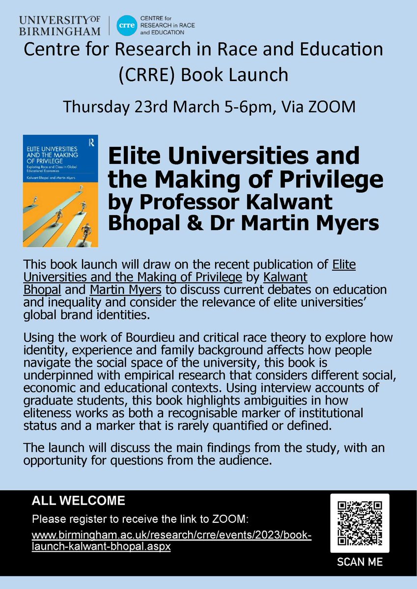 Date for your diaries! Come and join <a href="/drmartinmyers/">Martin Myers</a> and me to discuss our new book with <a href="/karl_kitching/">Karl Kitching</a> as chair!!  Everyone welcome!! 
@UoB_CRRE <a href="/routledgebooks/">Routledge Books</a> <a href="/routledgeEd/">Routledge Education Books</a> #race #class #priviege #whiteprivilege
