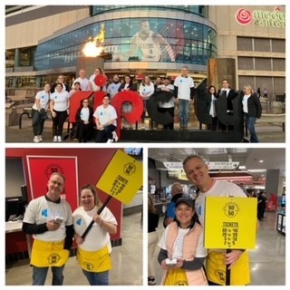 TheCoastGroup's tweet photo. We had a blast partnering with the Portland Trailblazers Foundation in support of Volunteers of America Oregon. Coasties used their sales and marketing skills to sell 50/50 raffle tickets during the game against the Spurs. A worthy cause topped off by a Trailblazer win! https://t.co/dfqXRq8QiJ