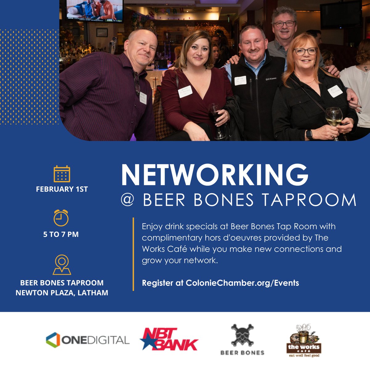 Happening next week! 🌟 Don't miss our February Networking event at Beer Bones Taproom in Latham, featuring snacks from our friends at The Works Cafe. 

Sign up on our website at loom.ly/oNxQaYk