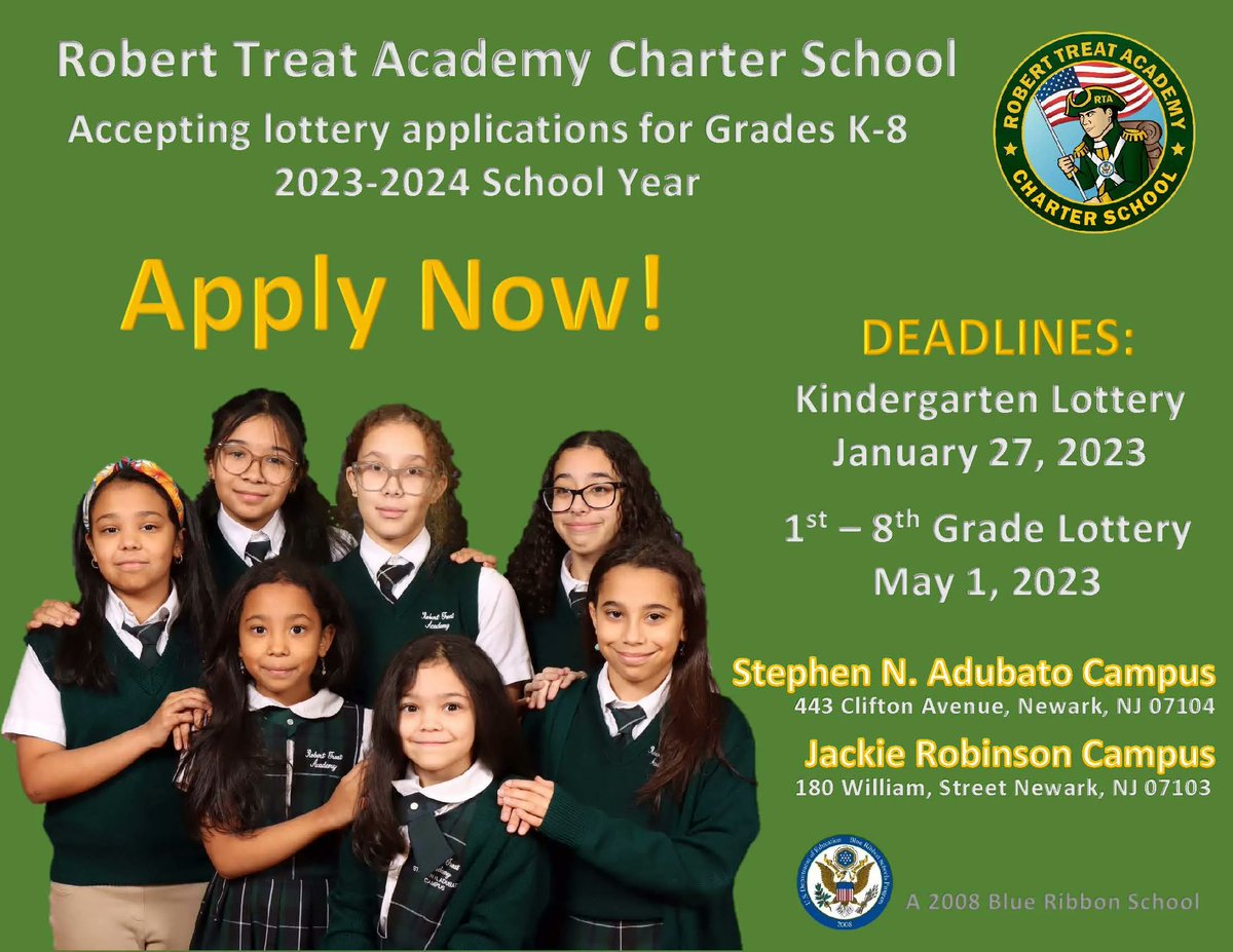 TWO DAYS LEFT! Robert Treat Academy is accepting kindergarten lottery applications until tomorrow, January 27th! If you're interested in joining the RTA family, a blue-ribbon school of excellence, APPLY TODAY by clicking the following link: buff.ly/3JlujhV