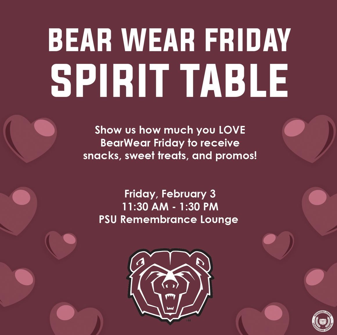We LOVE BearWear Friday! Come to the Remembrance Lounge wearing your BearWear next Friday, February 3rd. There will be sweets and goodies from 11:30-1:30! ❤️🤍🐻

#welovethebears #bearwearfriday #bearup