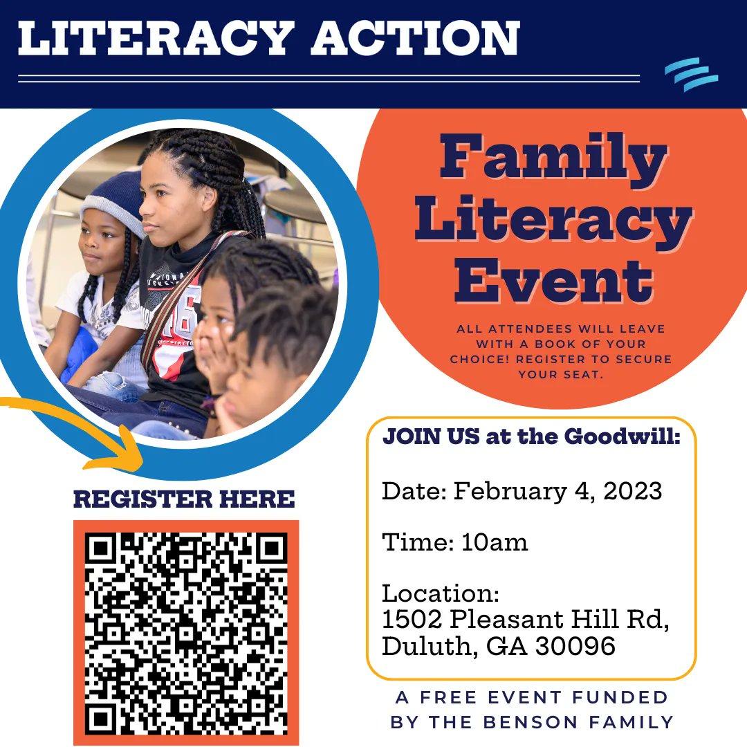 It's another Family Literacy Event!  Come join us for story time and leave with a FREE book of your choice!  Big thanks for the Benson Family for sponsoring this event.  Register at the link in our bio or scan the QR code in the image above.