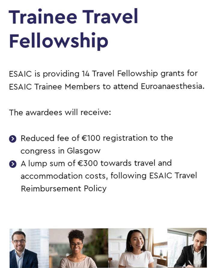 ❗Trainee Travel Fellowhip Application for #EA23 is open until 12th February 2023❗
👉 Check out further details here euroanaesthesia.org/2023/trainee-t…

See you in Glasgow! 🙌
