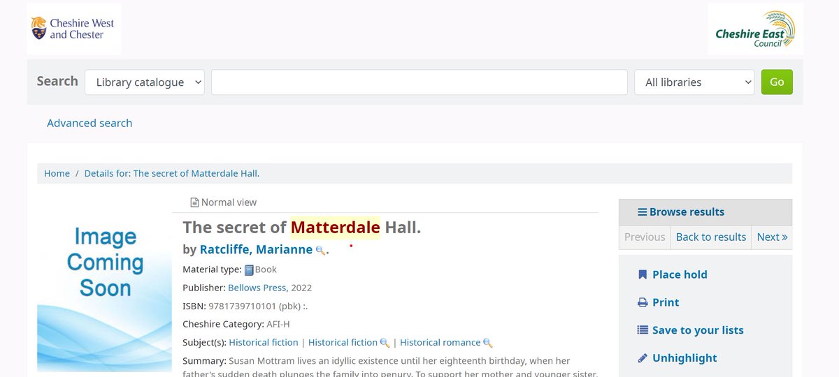 ratcliffe_mj's tweet photo. With the cost of living crisis squeezing our wallets, I'm delighted to announce The Secret of Matterdale Hall is now available to borrow throughout Cheshire East/Cheshire West libraries. #MatterdaleHall #uklibraries #cheshirelit #library #macclesfield https://t.co/JdrVbHBdzC