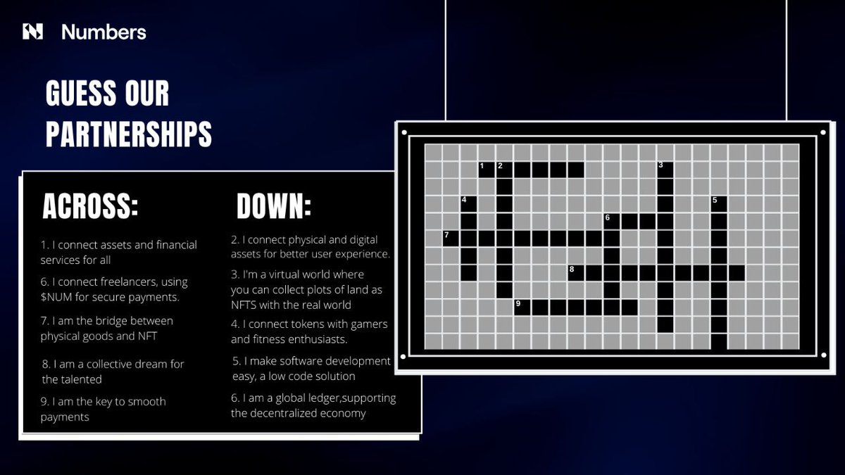 numbersprotocol's tweet photo. Calling all word wizards! 🤓 
Test your knowledge &amp; have fun with our Crossword Puzzle🧩

💡HINT:  Numbers' Partnership 

FIVE winners with a share of the 2500 $NUM 🏆

Rules👇
- Follow, Like, RT &amp; tag 3 friends🤗 
- Post answers in comments with #Numbers #crossword #rewards https://t.co/E6D7DZaHtb