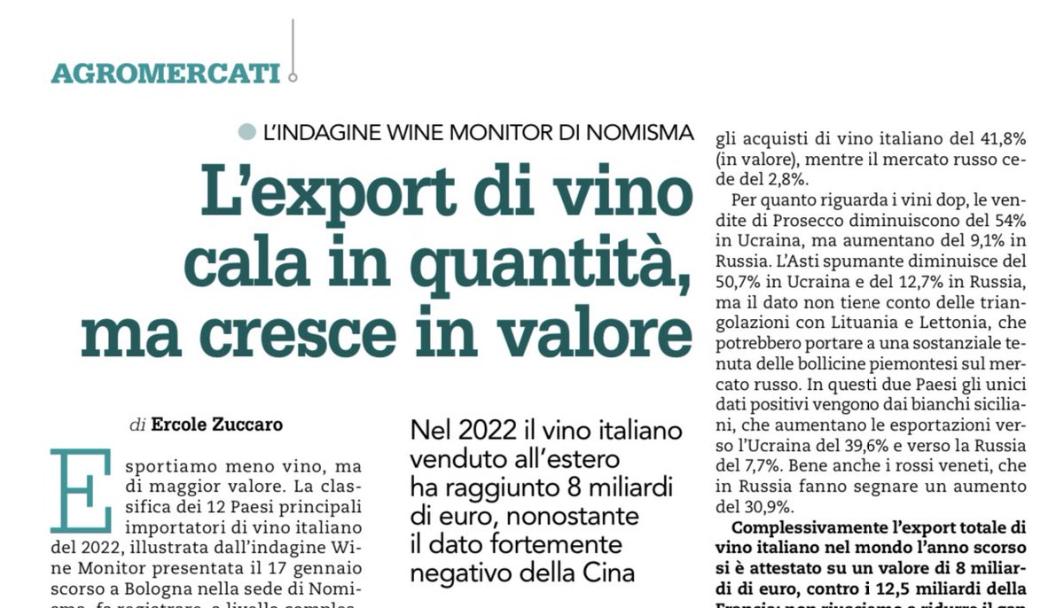 Forum Wine Monitor - Esportiamo 8 miliardi di euro di vini e spumanti contro i 12,5 miliardi della Francia; i nostri cugini d’Oltralpe vendono mediamente i loro vini fermi imbottigliati a un prezzo del 40,3% in più rispetto ai nostri <a href="/DenisPantini/">Denis Pantini</a> <a href="/NomismaAgriFood/">WineMonitor</a> <a href="/news_LIA/">L'InformatoreAgrario</a>