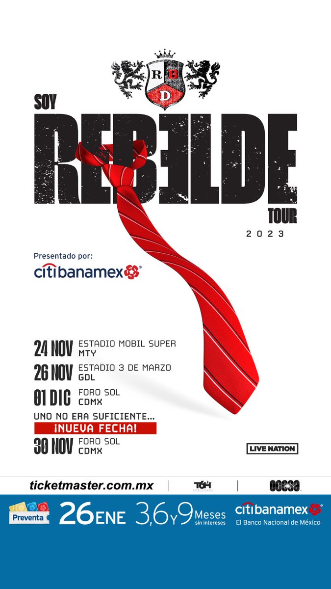 RBD_oficial's tweet photo. ¡No podemos de la emoción! Se agrega nueva fecha del @soyrebeldetour en CDMX el 30 de noviembre. Preventa @citibanamex hoy 26 de enero ¿Están listos? 🔥 https://t.co/0XCiHUNdVj https://t.co/cCyyU9rVBN