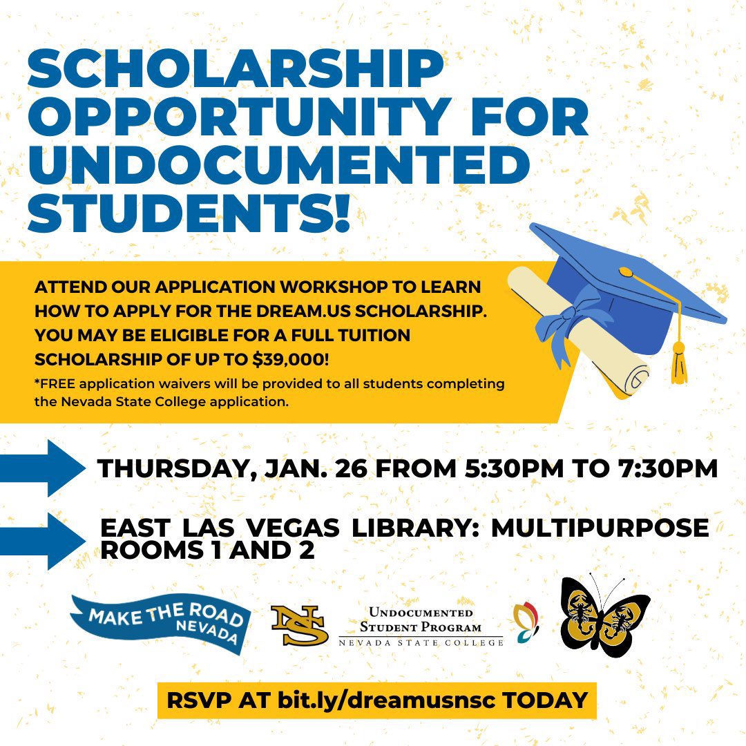 NS_AandR's tweet photo. Today @NevadaState and @maketheroadnv are holding a workshop to help students submit their applications to the @thedream_us Scholarship. Read the article published by News 3 here: https://t.co/naaGiZUqyy
#BeState #NSCommunity #WeAreState #ScorpionFamily #Apply2State https://t.co/Z9M0KvaAnm