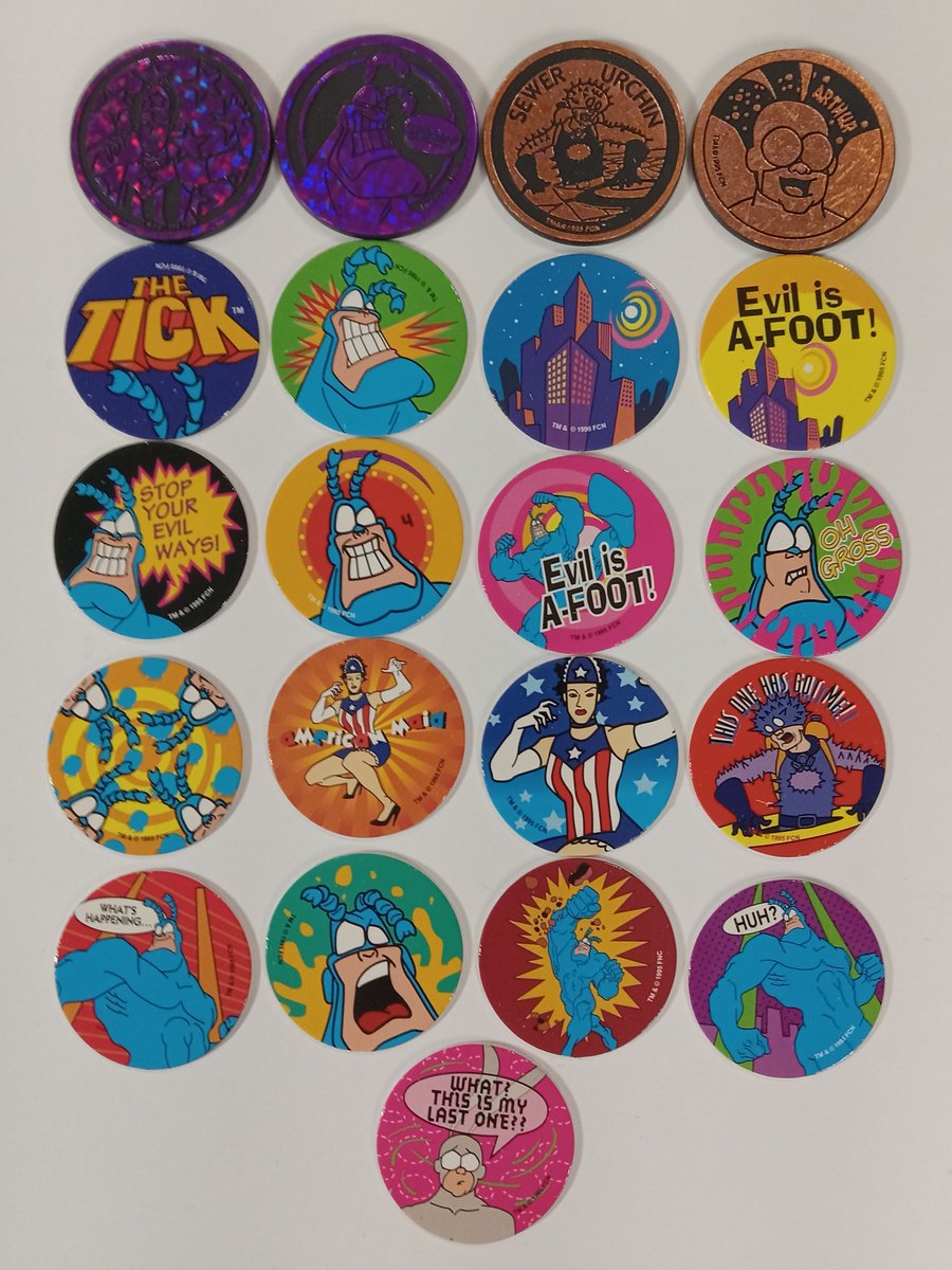 greencircleyall's tweet photo. I didn't have a lot of scratch to add to the PC this pay period. But, do I EVER love The Tick POGs. Five sealed packs = some stuff for the PC and four doubles up for trade!
#thehobby #pogs #milkcaps #thetick #foxkids https://t.co/iImrBkhNHm