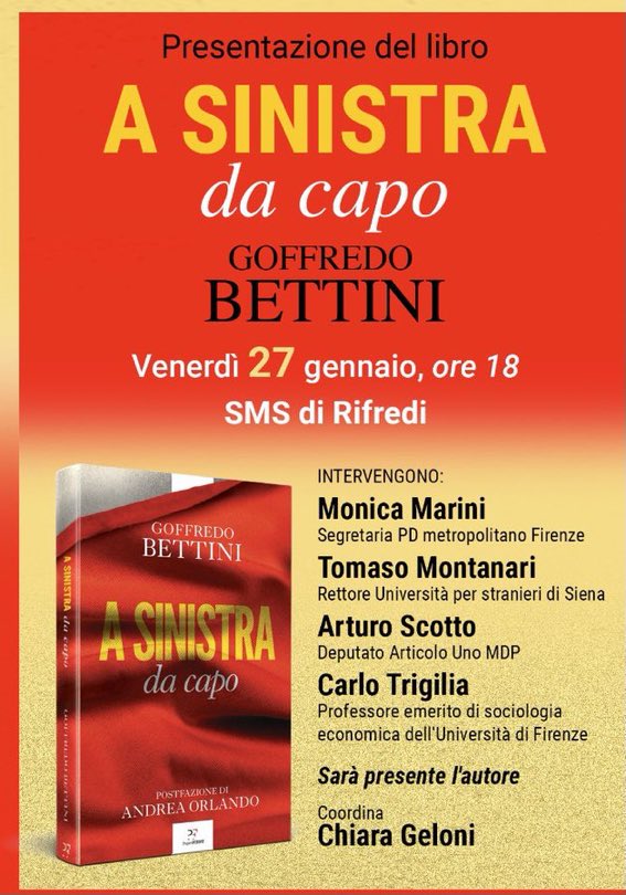 Domani a Firenze con <a href="/GoffredoBettini/">Goffredo Bettini</a> <a href="/Arturo_Scotto/">Arturo Scotto</a> <a href="/tomasomontanari/">Tomaso Montanari Presidente</a> Carlo Trigilia :)