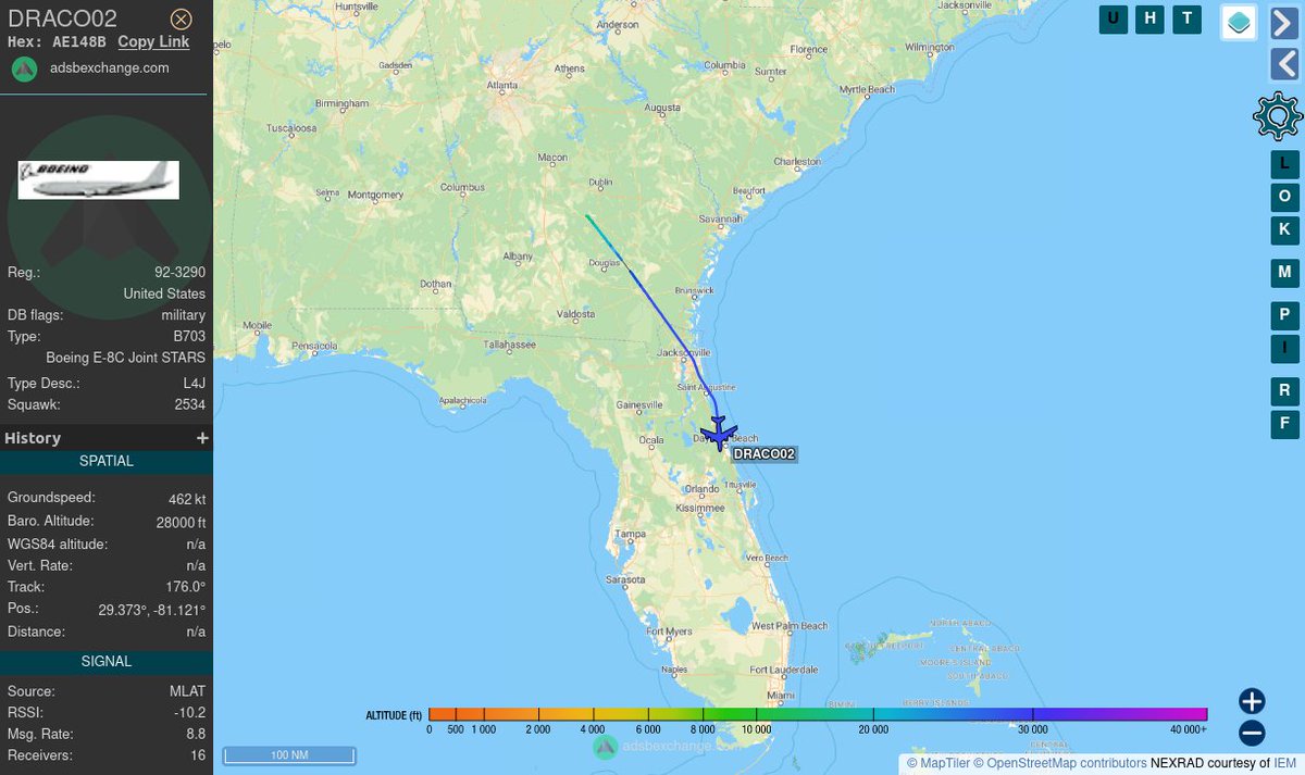 TheIntelFrog's tweet photo. USAF E-8C Joint STARS #AE148B as DRACO02 is southbound along the Florida east coast. 

Flew right over me and I missed it.

Oh well. https://t.co/2FYUQXVrH5