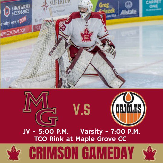 🍁GAMEDAY🍁
The Crimson go up against their neighbor, the Osseo Orioles! After the JV game, there will be a ceremony to honor Troy Goetsch!

Livestream for both games will be on mgcrimsonhockey.com for free! #WeAreCrimson #FearTheLeaf